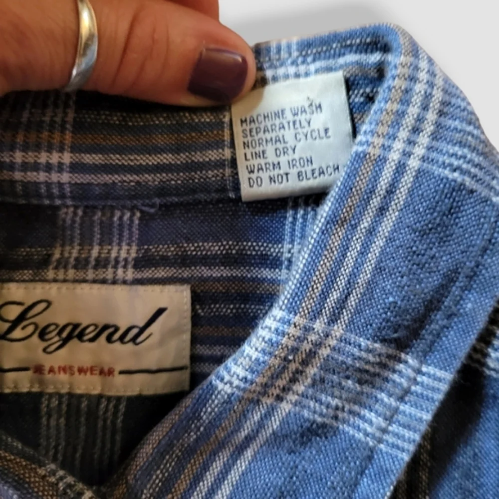 VINTAGE 1990s LEGEND JEANSWEAR Sleeveless Button Down Plaid Top Denim Blue - Picture 10 of 11